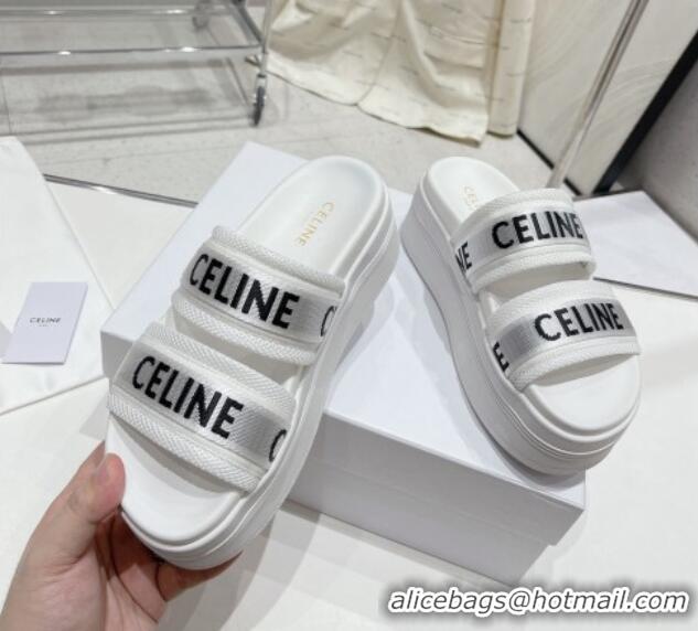 Top Design Celine Block Platform Slide Sandals in Mesh and Textile with Celine Jacquard White 524104