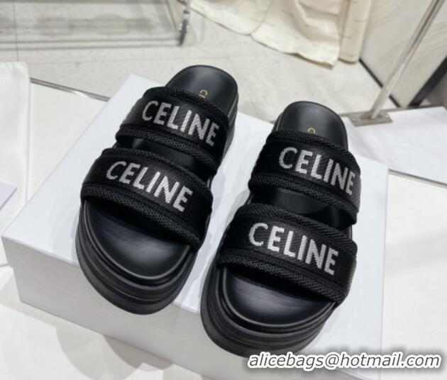 Luxurious Celine Block Platform Slide Sandals in Mesh and Textile with Celine Jacquard Black 524105