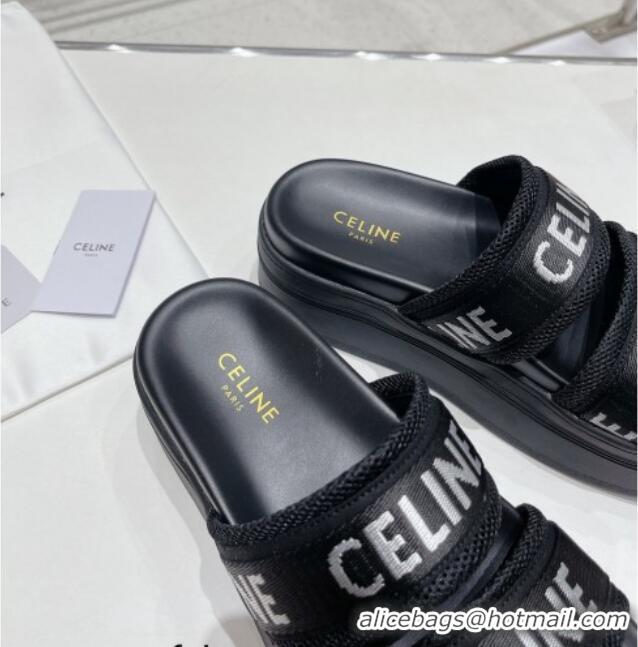 Luxurious Celine Block Platform Slide Sandals in Mesh and Textile with Celine Jacquard Black 524105