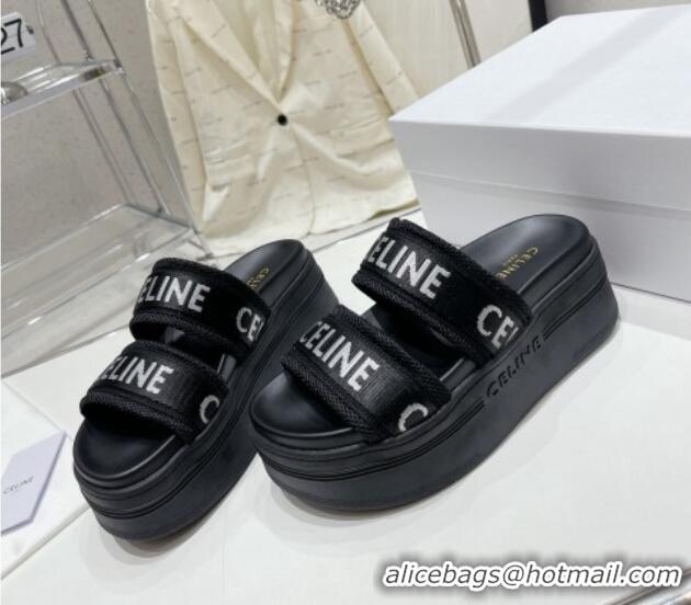 Luxurious Celine Block Platform Slide Sandals in Mesh and Textile with Celine Jacquard Black 524105