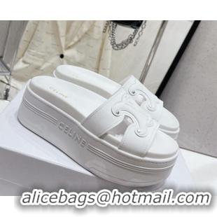 Stylish Celine Triomphe Leather Platform Slide Sandals White 524106