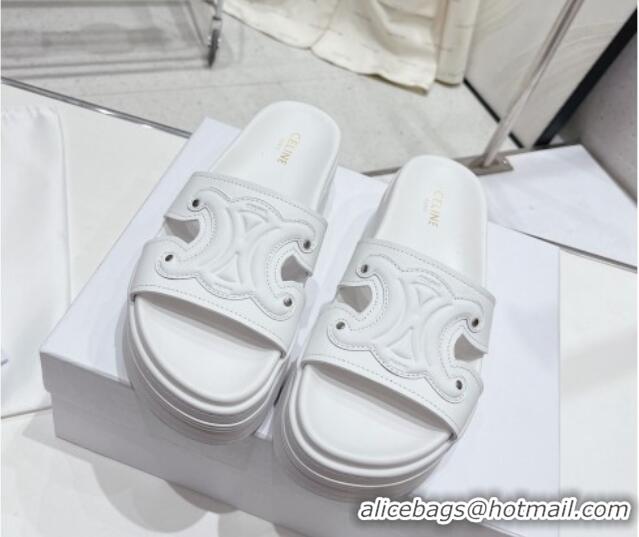 Stylish Celine Triomphe Leather Platform Slide Sandals White 524106