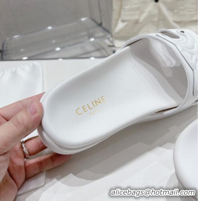 Stylish Celine Triomphe Leather Platform Slide Sandals White 524106