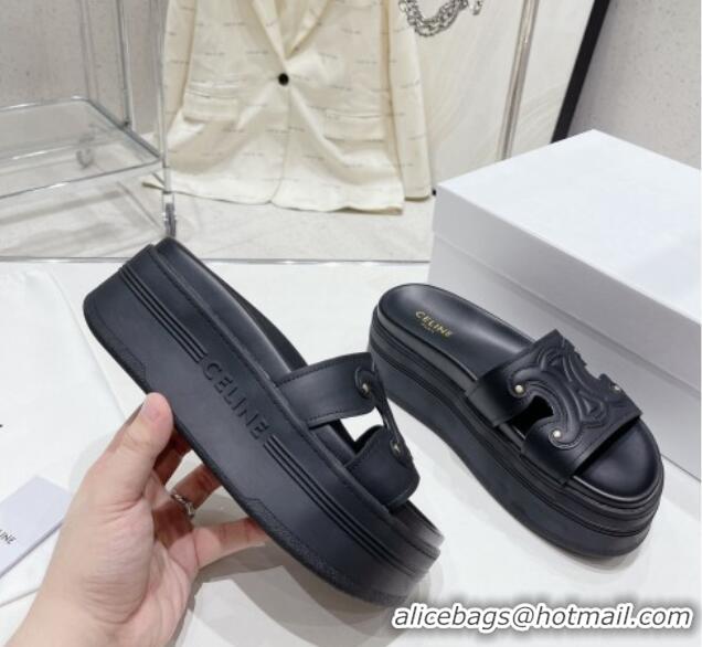 Luxury Celine Triomphe Leather Platform Slide Sandals Black 524107