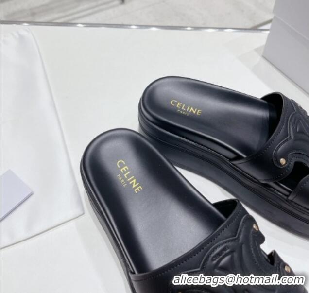 Luxury Celine Triomphe Leather Platform Slide Sandals Black 524107