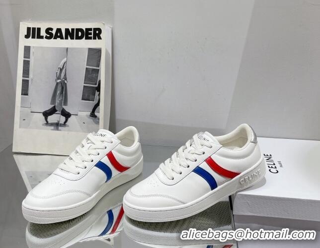 Sumptuous Celine Tennis Sneakers in Calfskin Leather White/Red/Blue 524108