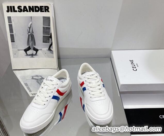 Sumptuous Celine Tennis Sneakers in Calfskin Leather White/Red/Blue 524108