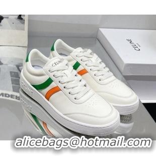 Low Cost Celine Tennis Sneakers in Calfskin Leather White/Green/Orange 0524110