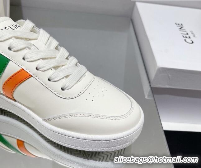 Low Cost Celine Tennis Sneakers in Calfskin Leather White/Green/Orange 0524110