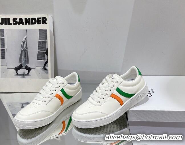 Low Cost Celine Tennis Sneakers in Calfskin Leather White/Green/Orange 0524110