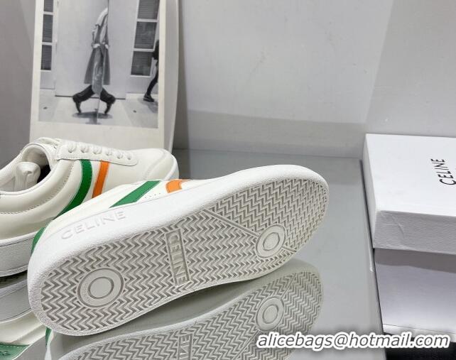 Low Cost Celine Tennis Sneakers in Calfskin Leather White/Green/Orange 0524110