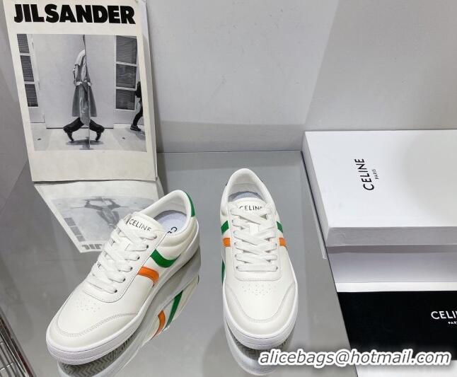 Low Cost Celine Tennis Sneakers in Calfskin Leather White/Green/Orange 0524110