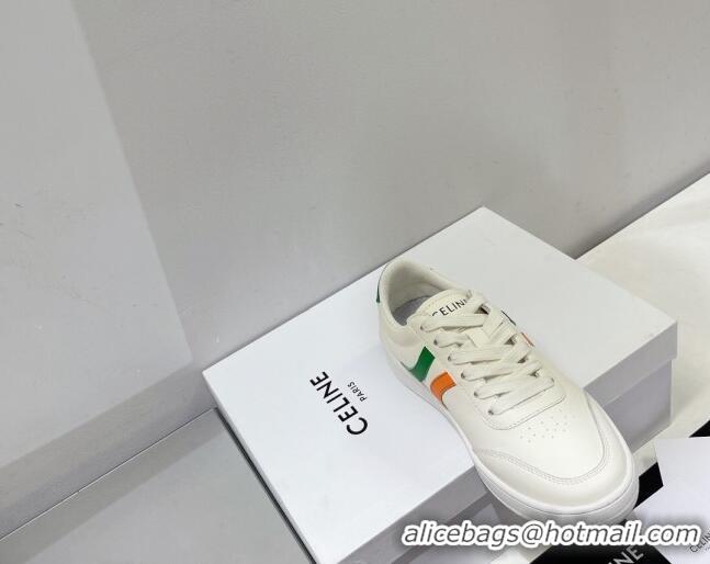 Low Cost Celine Tennis Sneakers in Calfskin Leather White/Green/Orange 0524110