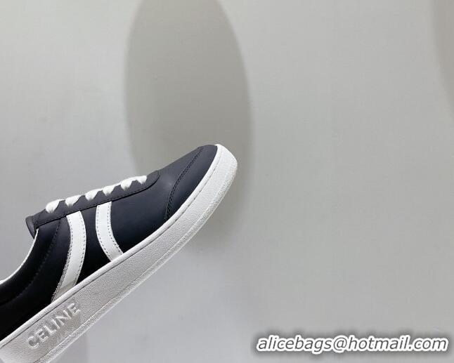 Durable Celine Tennis Sneakers in Calfskin Leather Black/White 524112