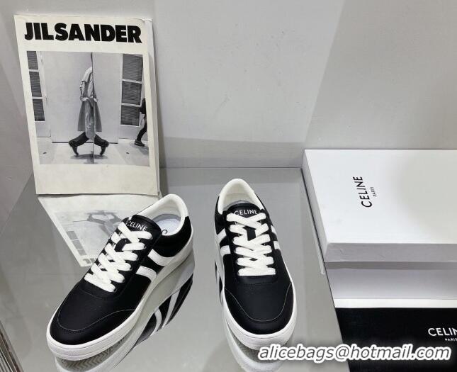 Durable Celine Tennis Sneakers in Calfskin Leather Black/White 524112