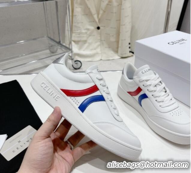 Shop Duplicate Celine Tennis Sneakers in Mesh and Calfskin White/Red/Blue 524114