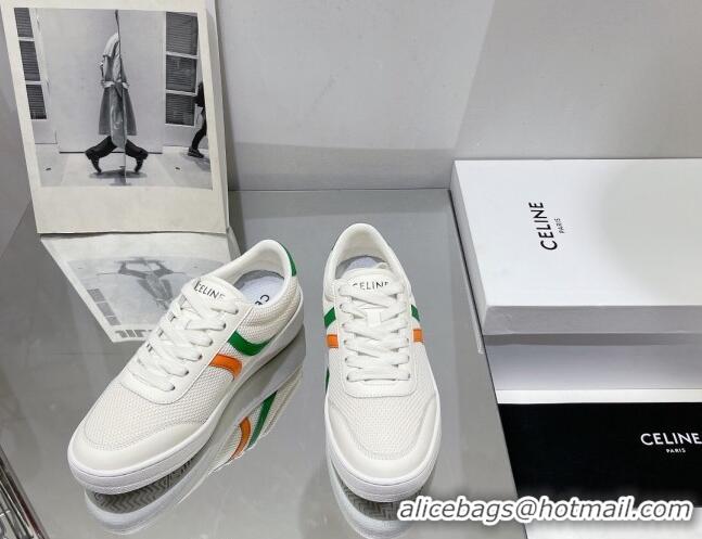 Good Quality Celine Tennis Sneakers in Mesh and Calfskin White/Green/Orange 524116