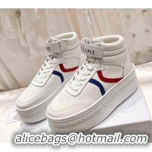 1:1 aaaaa Celine Mid Block Sneakers with Velcro and Wedge in Calfskin White/Red/Blue 524119