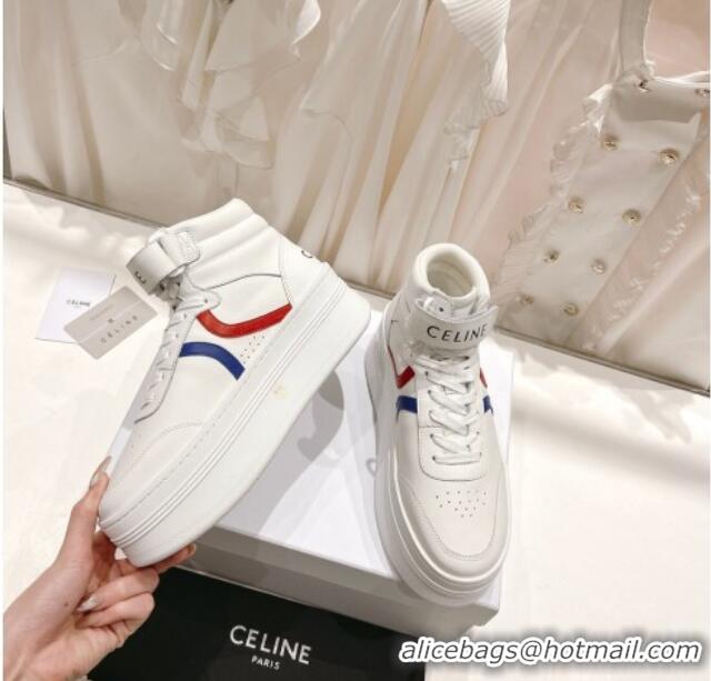 1:1 aaaaa Celine Mid Block Sneakers with Velcro and Wedge in Calfskin White/Red/Blue 524119