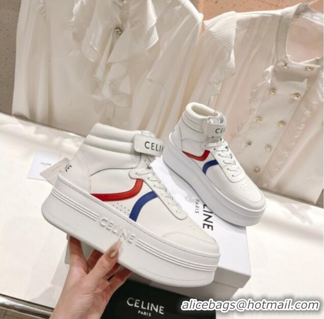 1:1 aaaaa Celine Mid Block Sneakers with Velcro and Wedge in Calfskin White/Red/Blue 524119