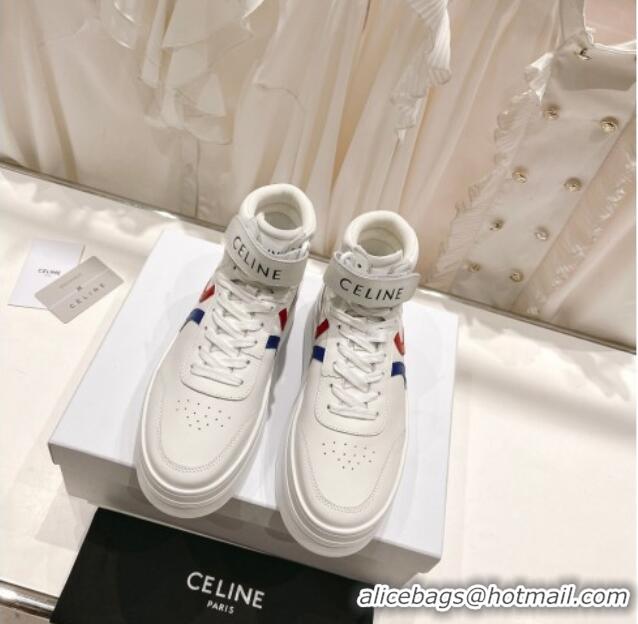 1:1 aaaaa Celine Mid Block Sneakers with Velcro and Wedge in Calfskin White/Red/Blue 524119