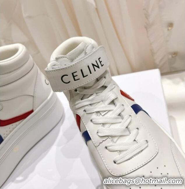 1:1 aaaaa Celine Mid Block Sneakers with Velcro and Wedge in Calfskin White/Red/Blue 524119