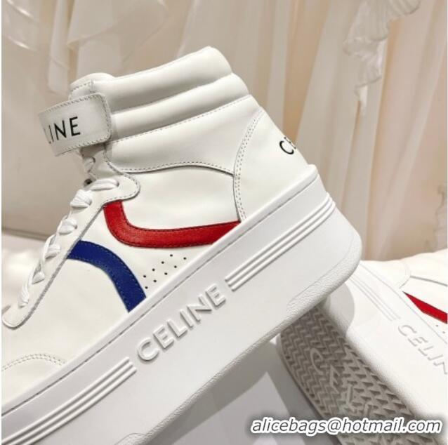 1:1 aaaaa Celine Mid Block Sneakers with Velcro and Wedge in Calfskin White/Red/Blue 524119