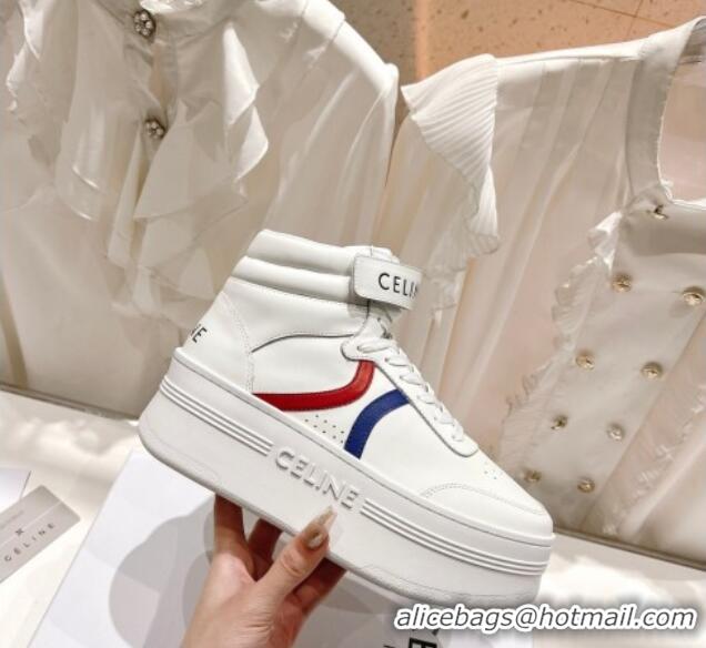 1:1 aaaaa Celine Mid Block Sneakers with Velcro and Wedge in Calfskin White/Red/Blue 524119