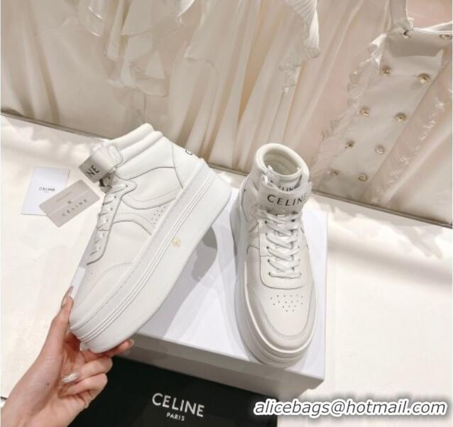 Good Quality Celine Mid Block Sneakers with Velcro and Wedge in Calfskin White 524120