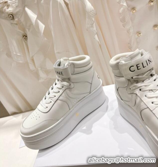 Good Quality Celine Mid Block Sneakers with Velcro and Wedge in Calfskin White 524120