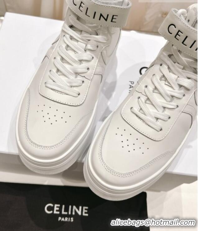 Good Quality Celine Mid Block Sneakers with Velcro and Wedge in Calfskin White 524120