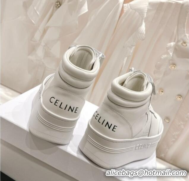 Good Quality Celine Mid Block Sneakers with Velcro and Wedge in Calfskin White 524120