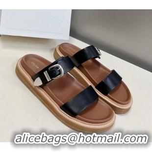 Charming Celine Leather Slide Sandals with Buckle Black 619068