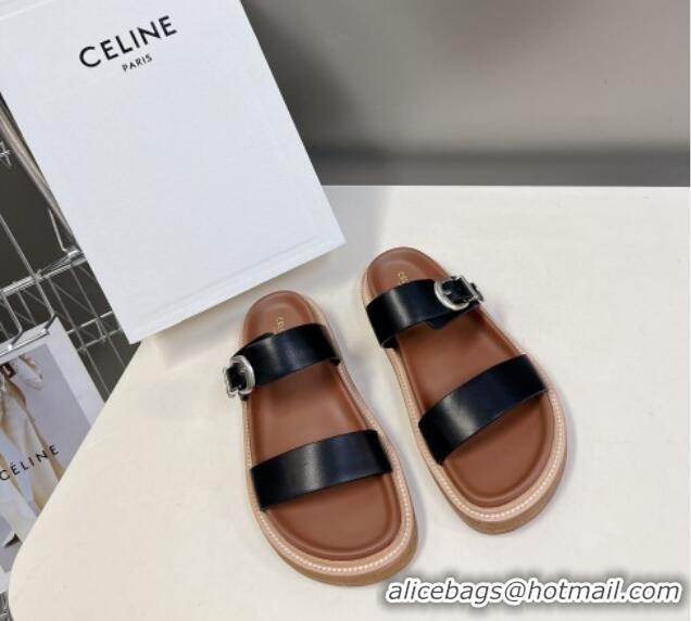 Charming Celine Leather Slide Sandals with Buckle Black 619068