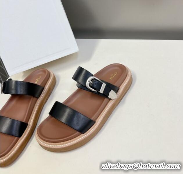 Charming Celine Leather Slide Sandals with Buckle Black 619068