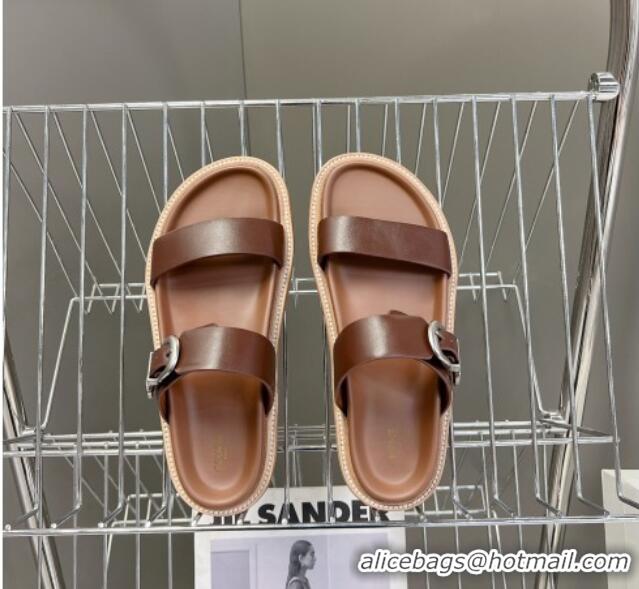 Purchase Celine Leather Slide Sandals with Buckle Dark Brown 619069