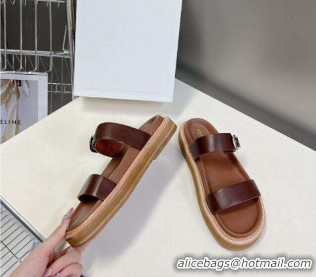 Purchase Celine Leather Slide Sandals with Buckle Dark Brown 619069