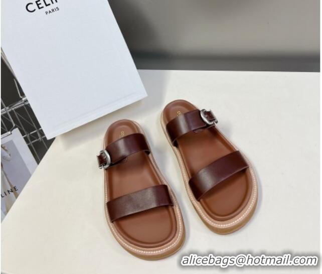 Purchase Celine Leather Slide Sandals with Buckle Dark Brown 619069