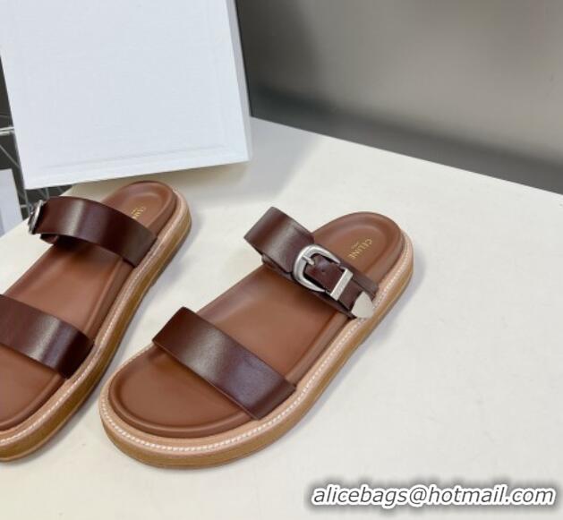 Purchase Celine Leather Slide Sandals with Buckle Dark Brown 619069