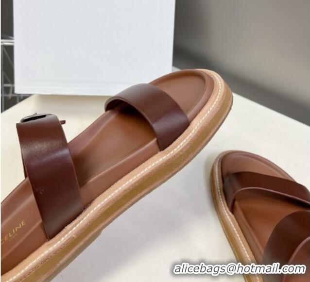 Purchase Celine Leather Slide Sandals with Buckle Dark Brown 619069