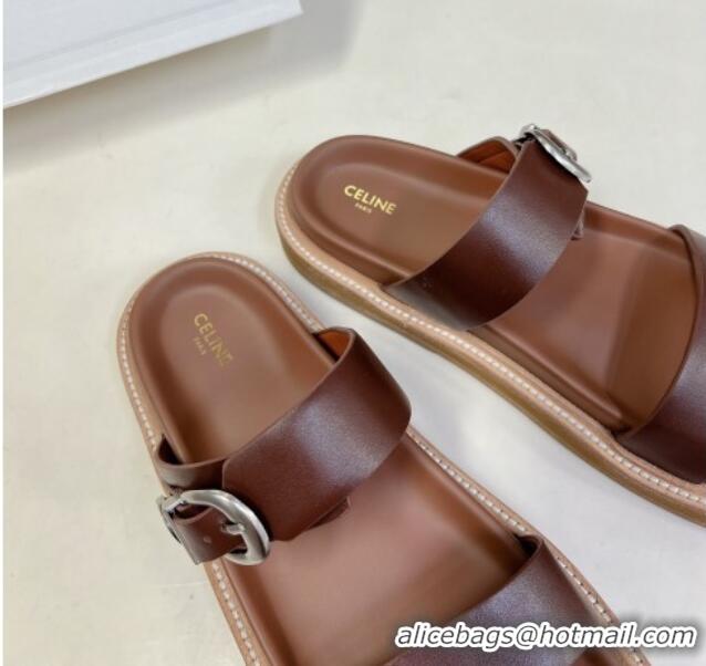 Purchase Celine Leather Slide Sandals with Buckle Dark Brown 619069