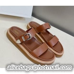 Grade Celine Leather Slide Sandals with Buckle Tan Brown 619070