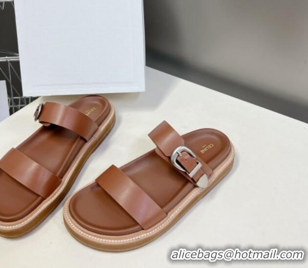 Grade Celine Leather Slide Sandals with Buckle Tan Brown 619070