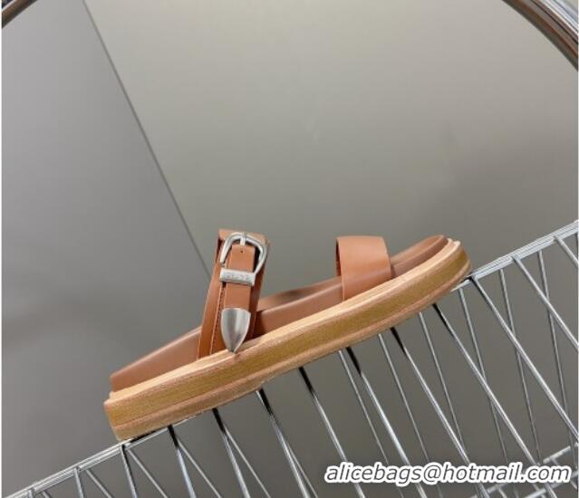 Grade Celine Leather Slide Sandals with Buckle Tan Brown 619070