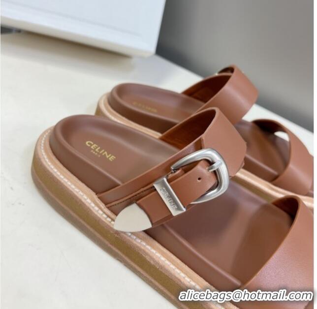 Grade Celine Leather Slide Sandals with Buckle Tan Brown 619070