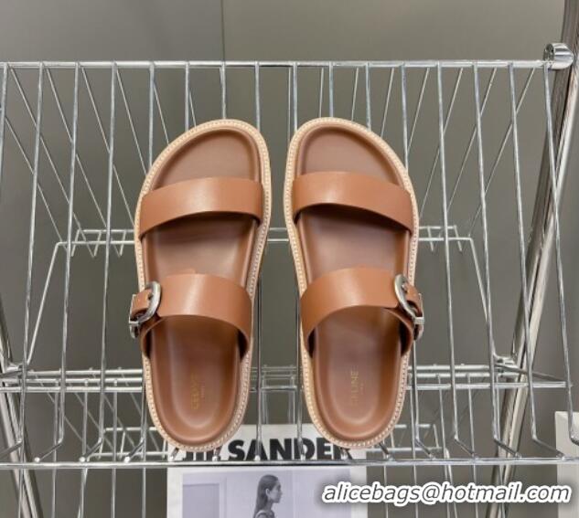 Grade Celine Leather Slide Sandals with Buckle Tan Brown 619070