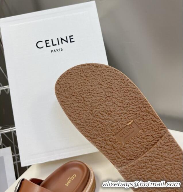 Grade Celine Leather Slide Sandals with Buckle Tan Brown 619070