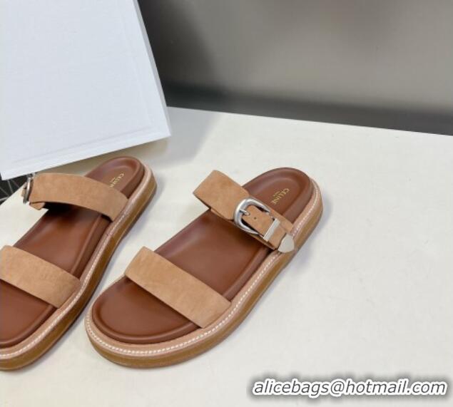 Best Price Celine Suede Slide Sandals with Buckle Beige 619071