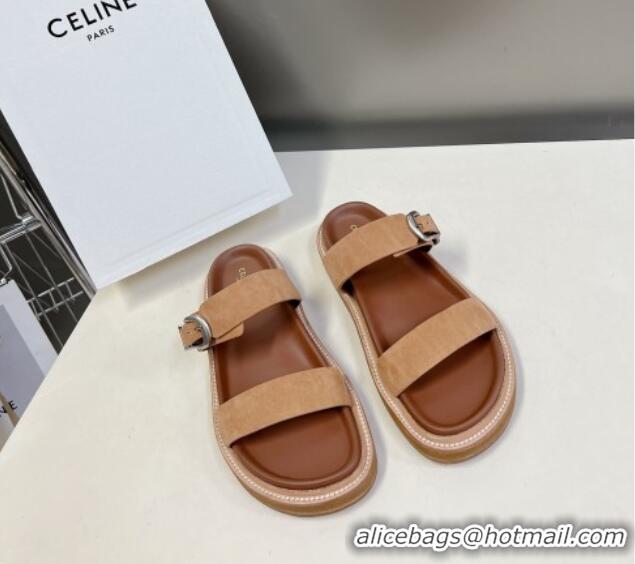 Best Price Celine Suede Slide Sandals with Buckle Beige 619071