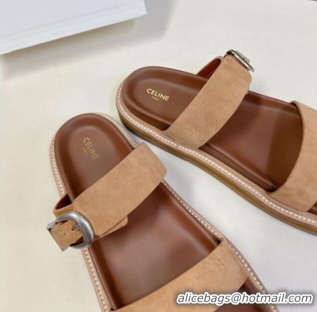 Best Price Celine Suede Slide Sandals with Buckle Beige 619071